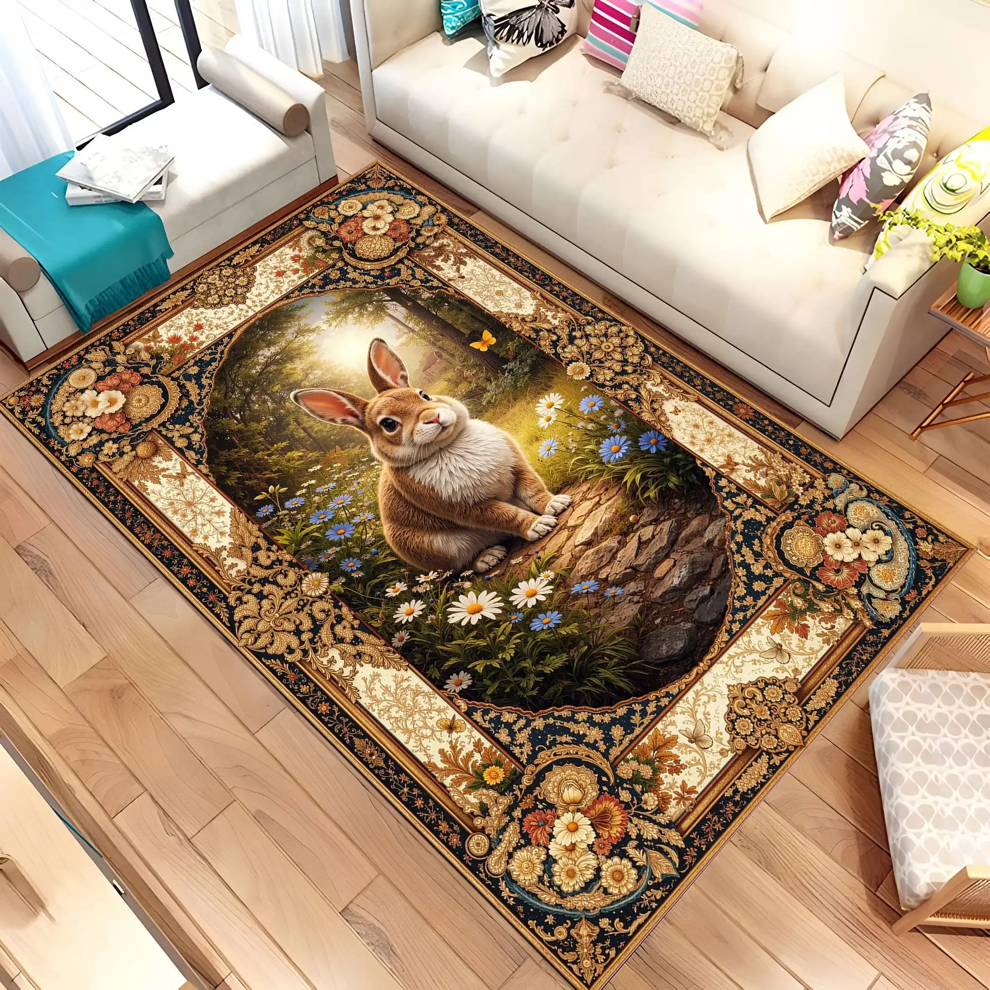 Retro Rabbit Garden Floral Frame graphics Rug,Sofa Living Room Entrance Hall Welcome Mat,Non Slip Rug,Gift