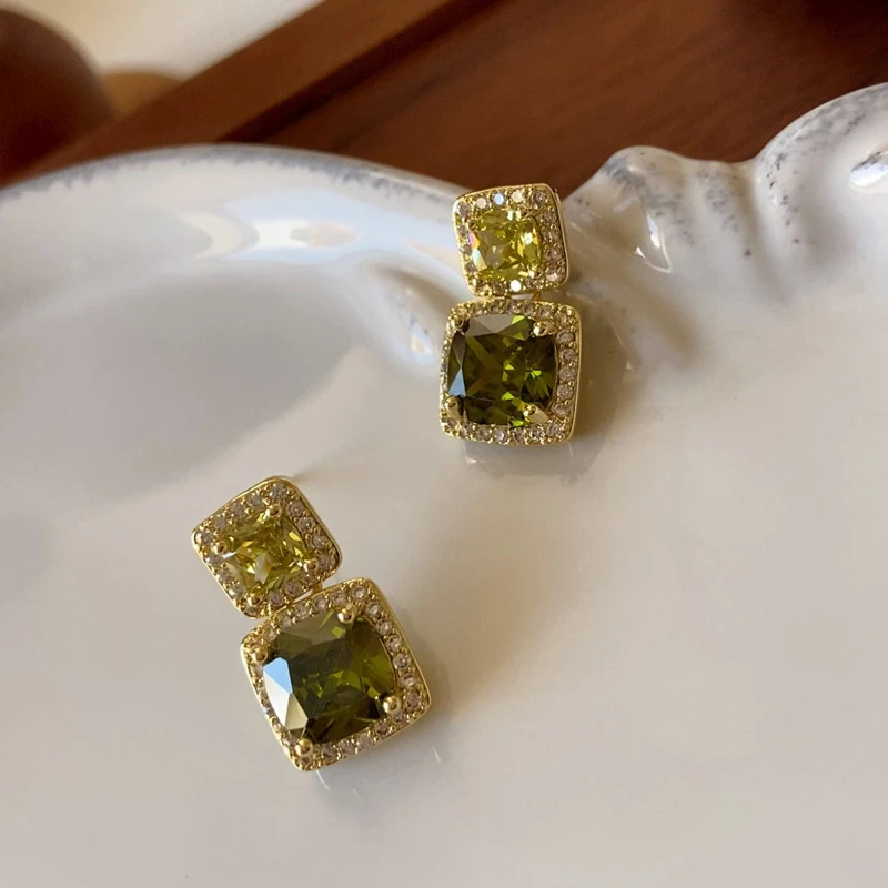 vintage delicate square olive green zircon stud earrings summer fresh girl geometry jewelry