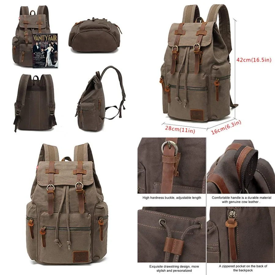 

High Capacity Canvas Vintage Backpack - for School Travel 12-15" Laptop Backapcks for Men Casual Daypacks Rucksack M