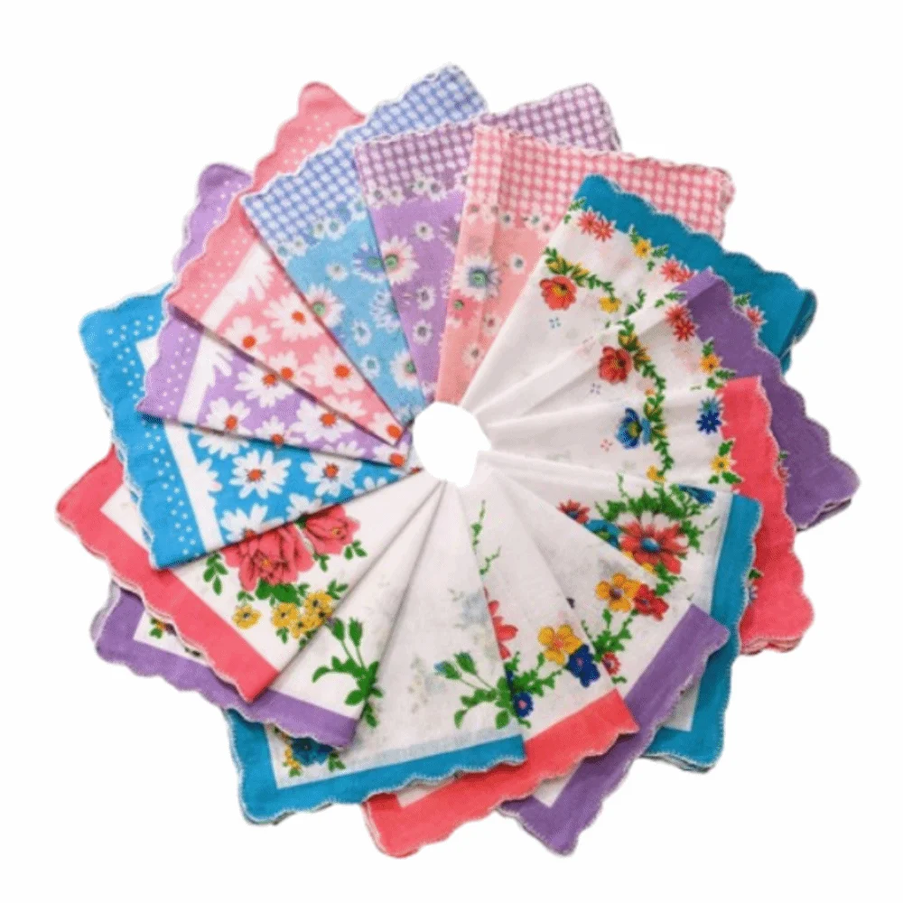 12Pcs Vintage Style Women's Printed Handkerchiefs Sweat Absorbent 28x28cm Square Hand Towel Breathable Lightweight