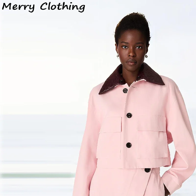 Elegant Pink 2 Pieces Coat Sets Women Detachable Collar Jacket Asymmetrical Skirt Suit 2025 Pink Suit Office Lady Two-piece Set