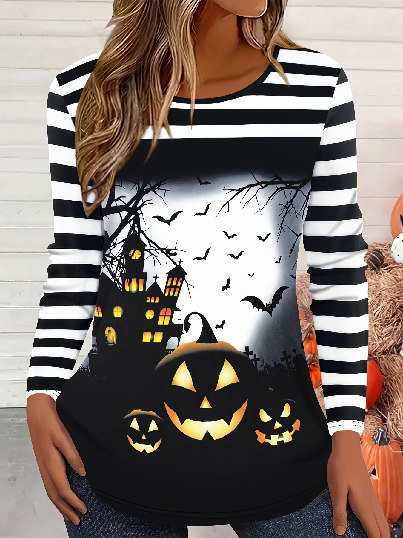 

Women's Halloween 3D Printed Pumpkin Face Bat Long Sleeve T-Shirt Autumn Loose Casual Polyester Round Neck Fashion Casual Tops