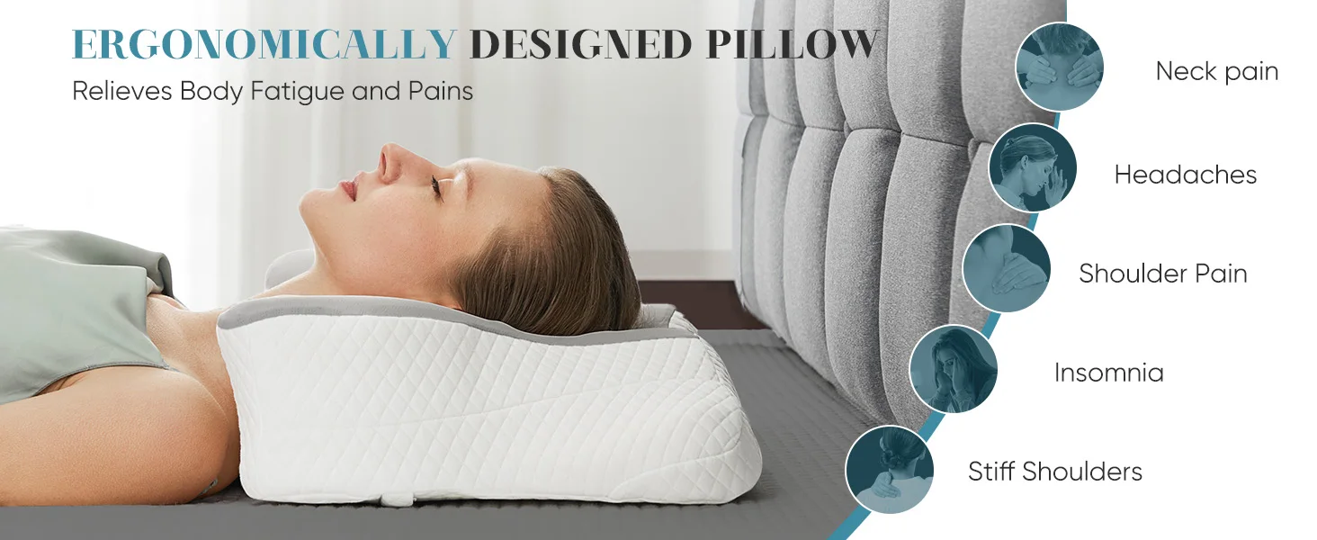 JHK Ergonomic Queen Size Cervical Contour Pillows For Neck 1 Pack Pain Relief Memory Foam Bed Pillow with Cooling Pillowcase