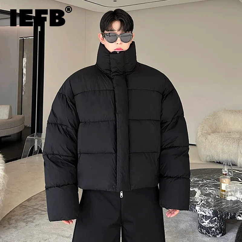 Iefb inverno jaquetas acolchoadas masculinas gola cor sólida zíper engrossado casacos simples casual masculino curto parkas coreano 9c8396