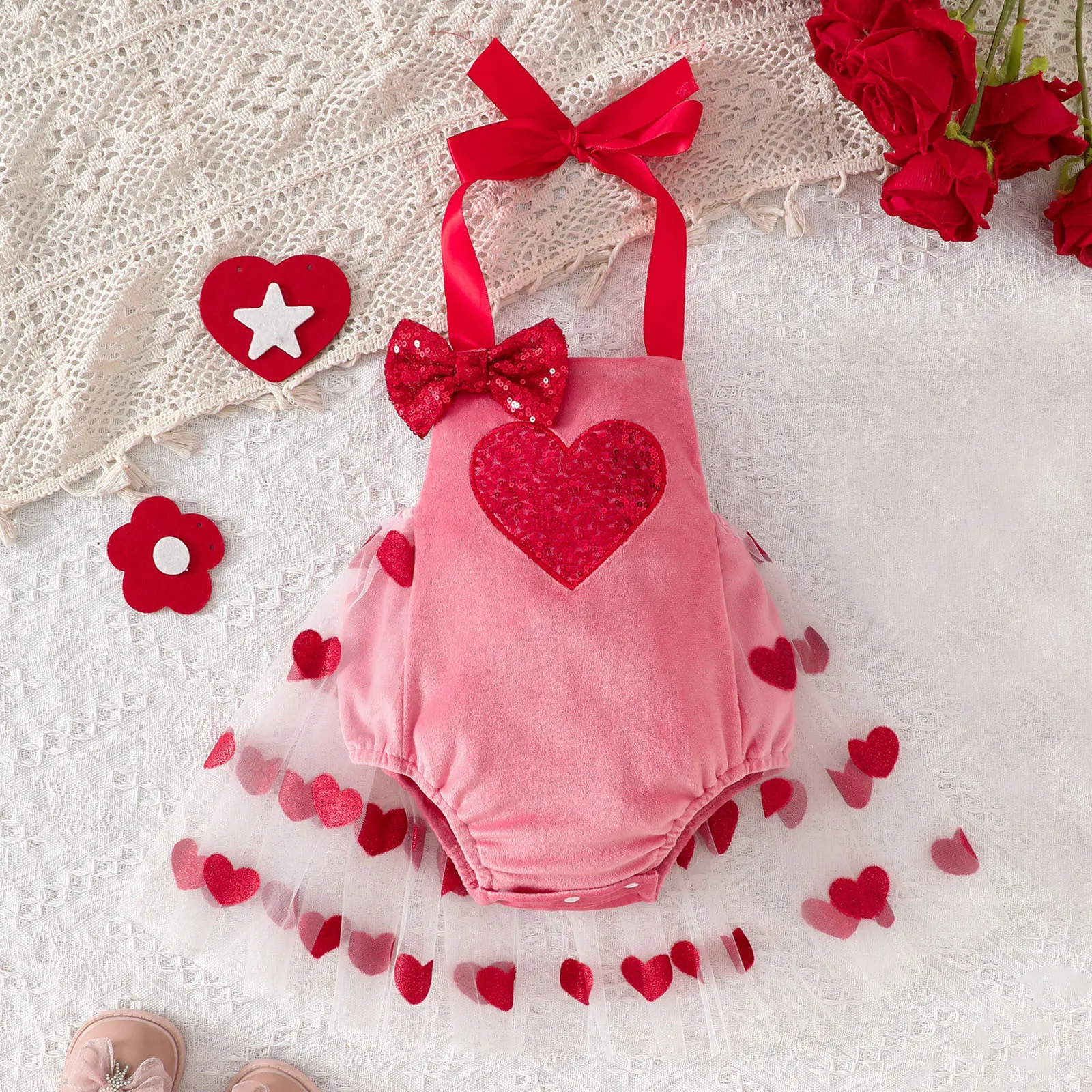 Heart Print Baby Girls Photo Shoot Outfits Pink Mesh Romper with Bowknot Newborn Picture Shooting Props Baby Clothes Jumpsuits