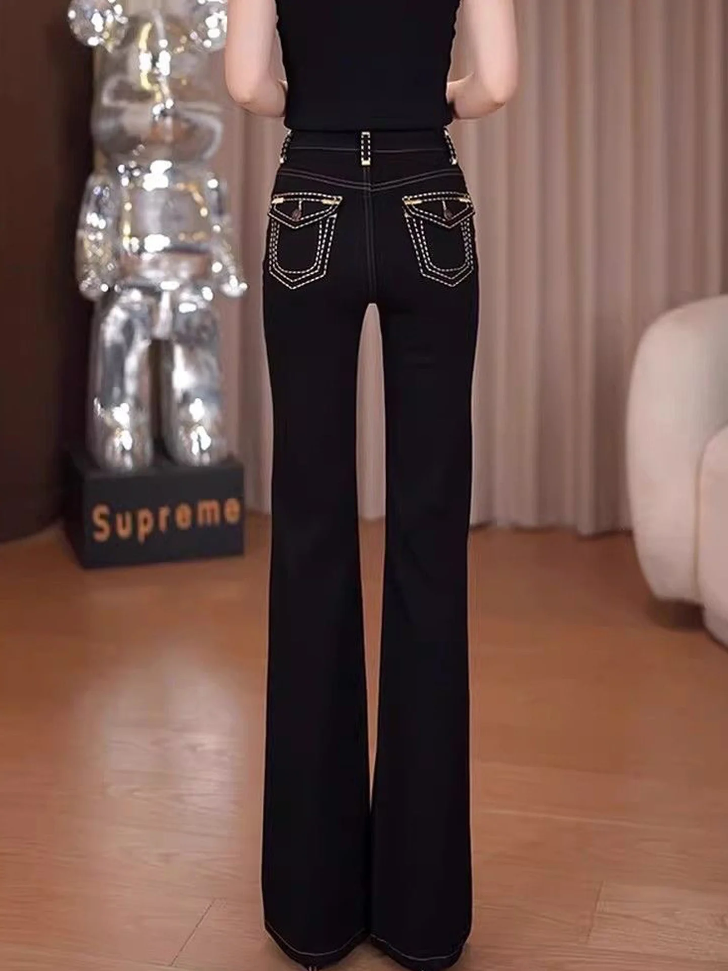 Slim Fit High Waist Denim Jeans Women's Spring Summer Straight Leg Pants Elastic Micro Flare Long Trousers Commute Wear