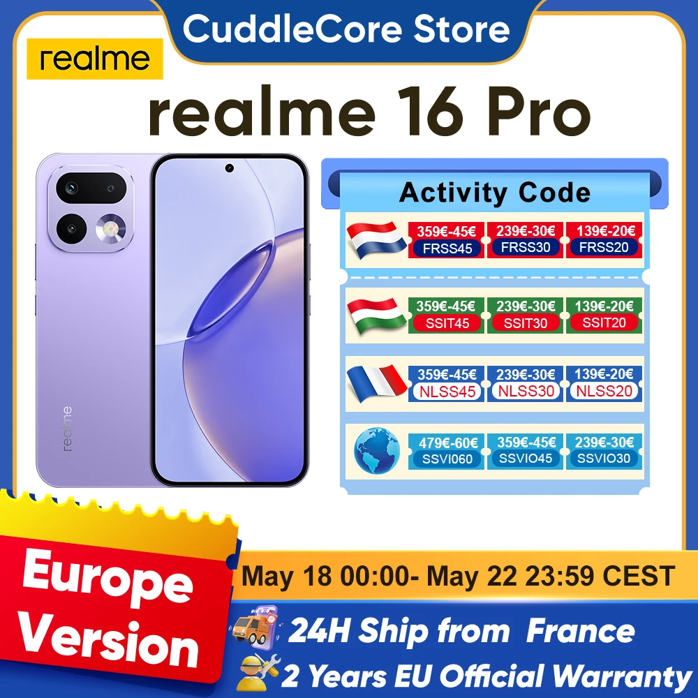 realme 16 pro 5G smartphone euro Edition MediaTek Dimensity 7300 Max 200mp caméra 6500mah batterie 6,78 pouces AMOLED 144hz écran