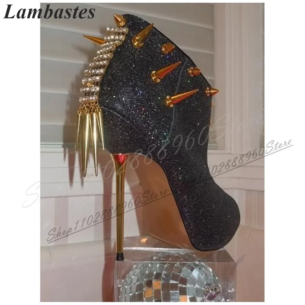 

Stylish Black Crystal Rivet Decoration Pumps Thin High Heel Shoes For Women Slip On Pointed Toe 2024 Fashion Zapatillas Mujer