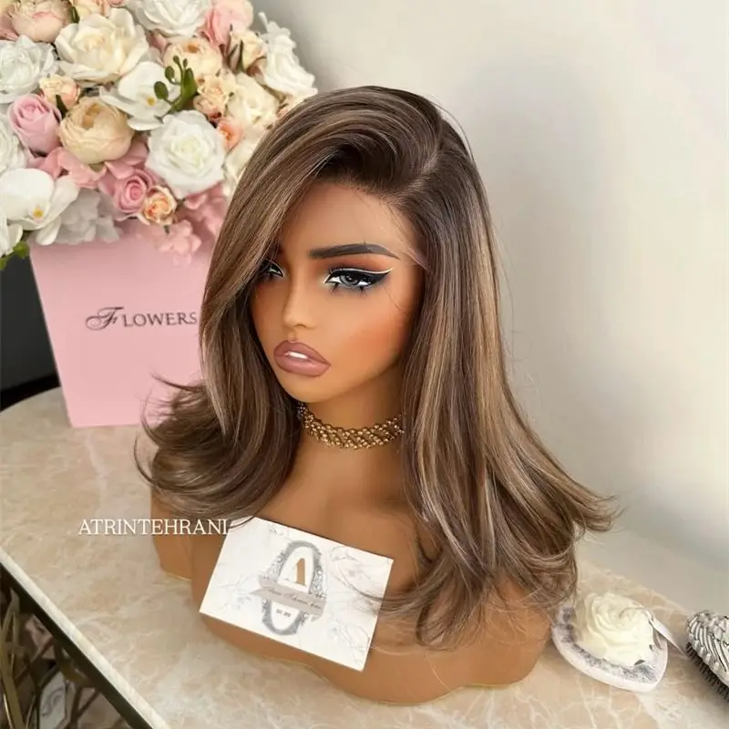 Preplucked Hairline 13x4 Free Part Ombre Blonde Brown Highlight Lace Front Wig Synthetic Wig Blend Human Hair Short Wave Bob