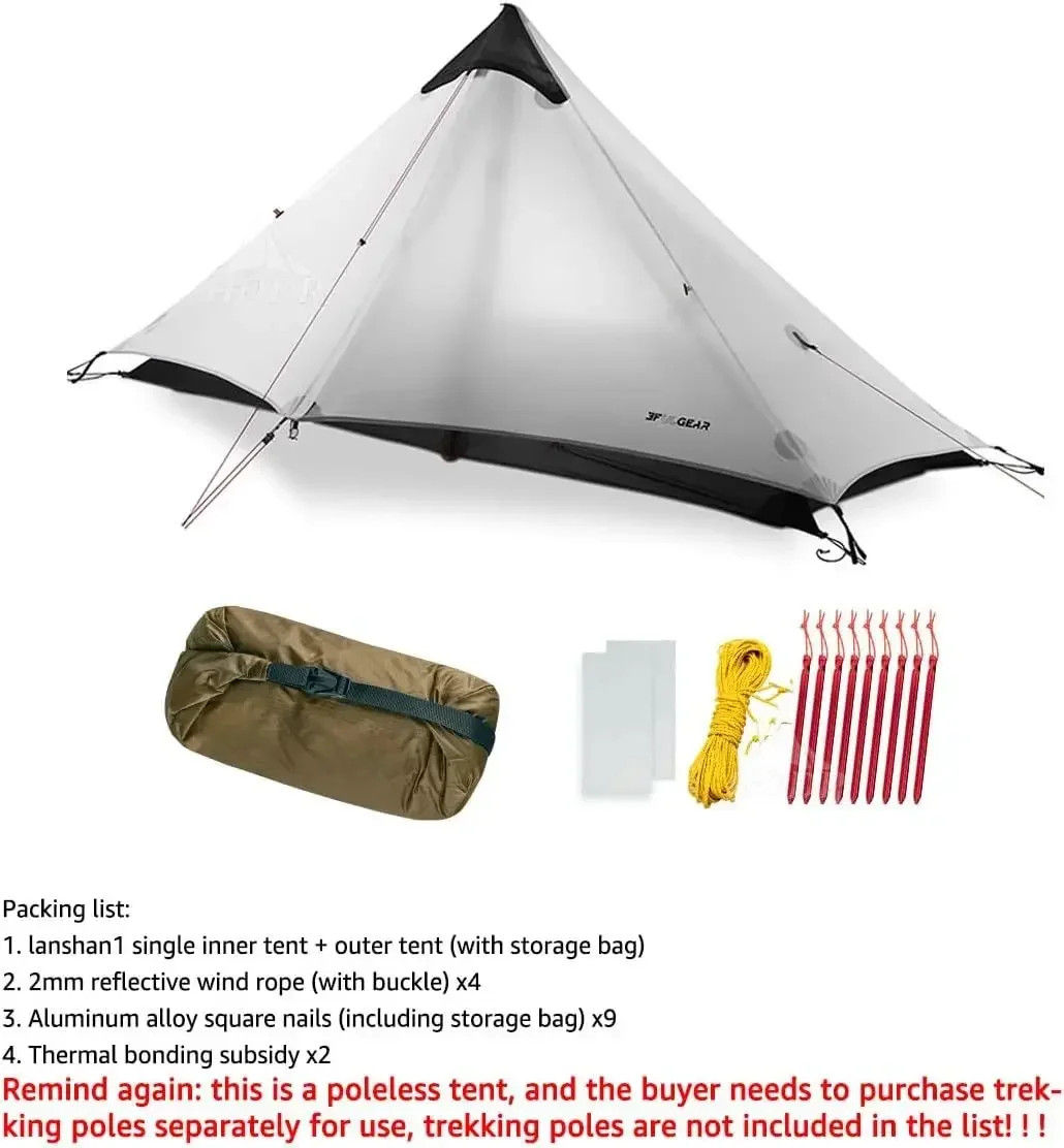 [HODR] 3F UL GEAR Lanshan1 Ultralight 760g Solo Tent Rodless 3/4 Season Tipi Tent Trekking Tents for Outdoor Camping, Hiking