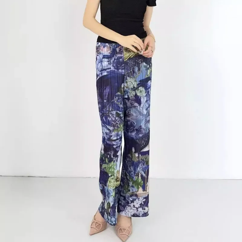 GGHK Pleated Casual Women Pants 2024 Spring and Autumn New Digital Printing Design High Waist Casual Folding Female Pants