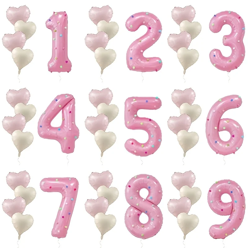 29PCS Large Pearlescent Pink Number Heart Balloon Set 40-Inch Numbers (0-9 Optional) 18-Inch Pink White Heart Foil Balloons