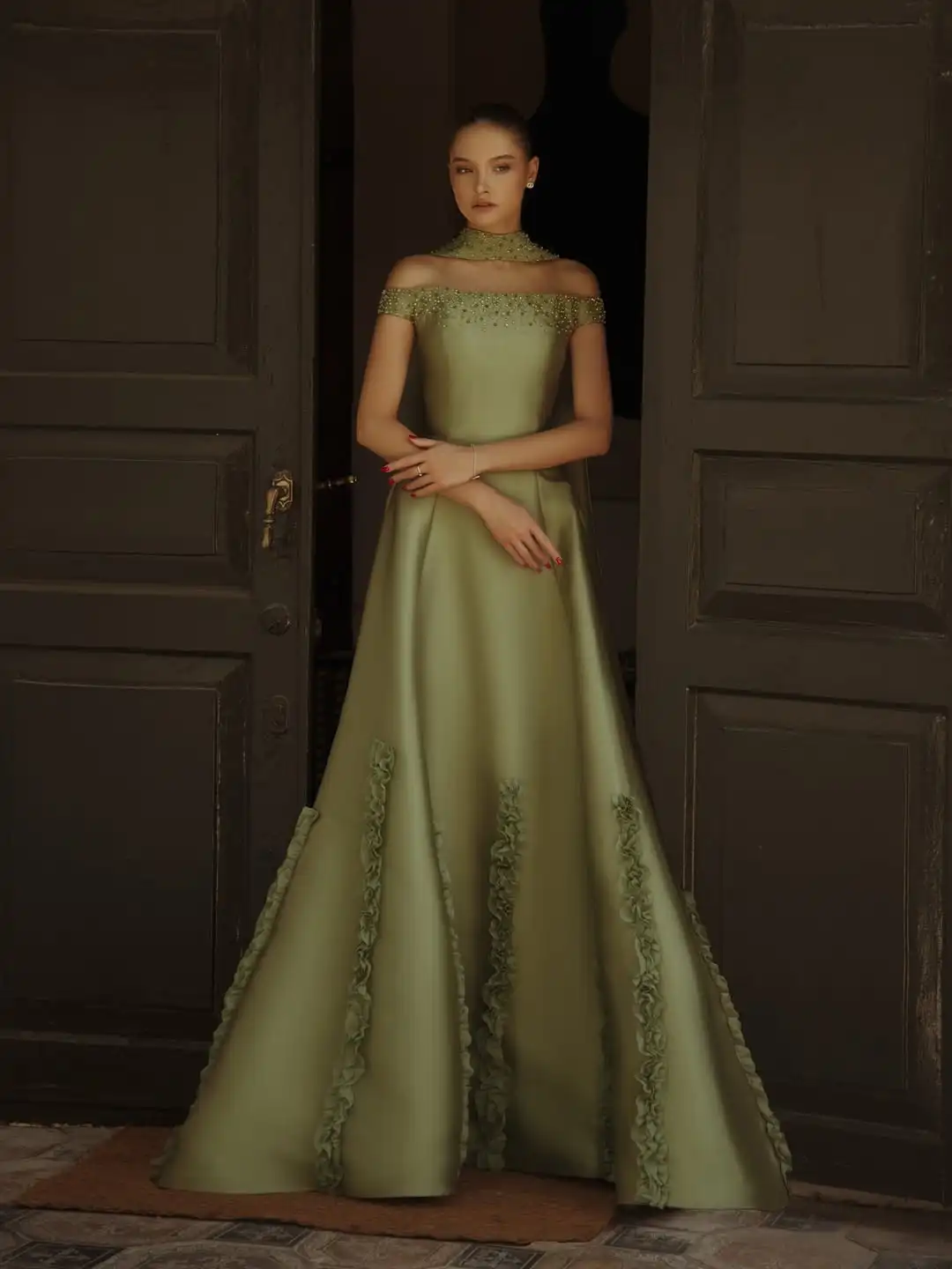 

Ofherown Beaded Satin Off Shoulder Prom Gown Olive Green 3D Ruffle Cape Train Formal A-Line Evening Dress Party Dress Customized