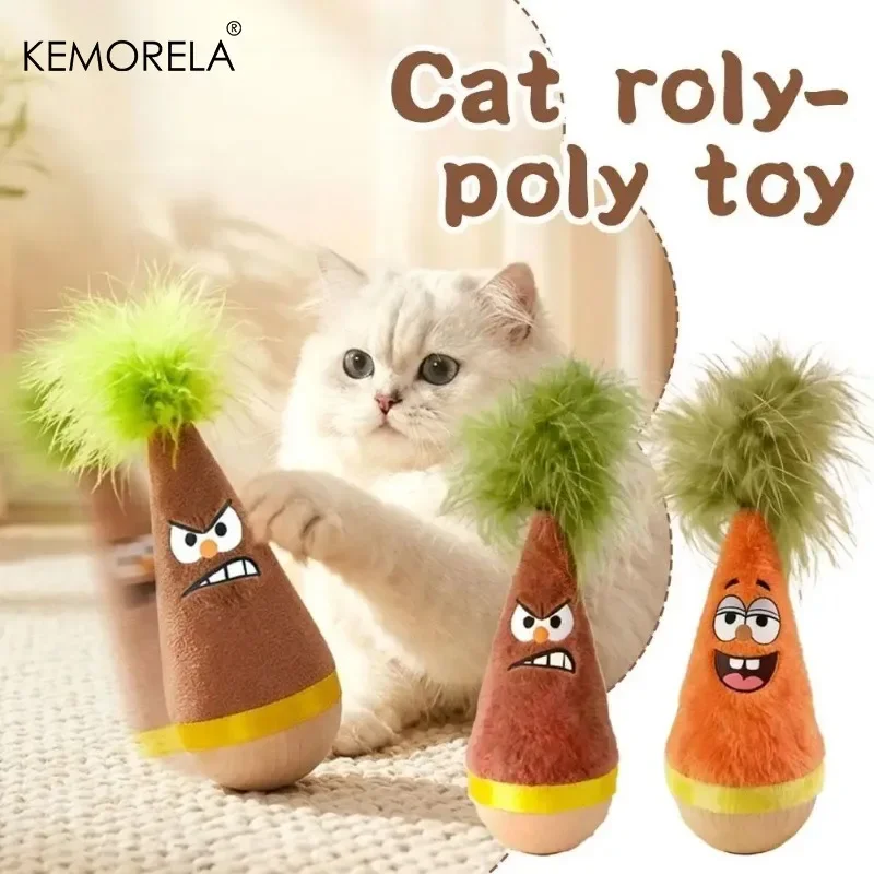Tease Feathers Design Cat Stick Cat Tumbler Funny Toys Self-hey Relieve Boredom Essential Tumbler Toys Roly-poly Wooden Pet Toys