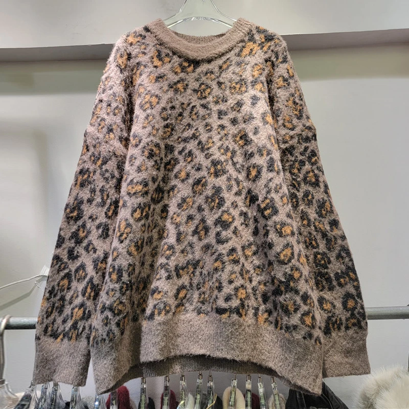 KBQ Hit Color Leopard Printting Knitted Sweater For Women O Neck Long Sleeve Loose High Street Pullover Knitwear Female Fashion