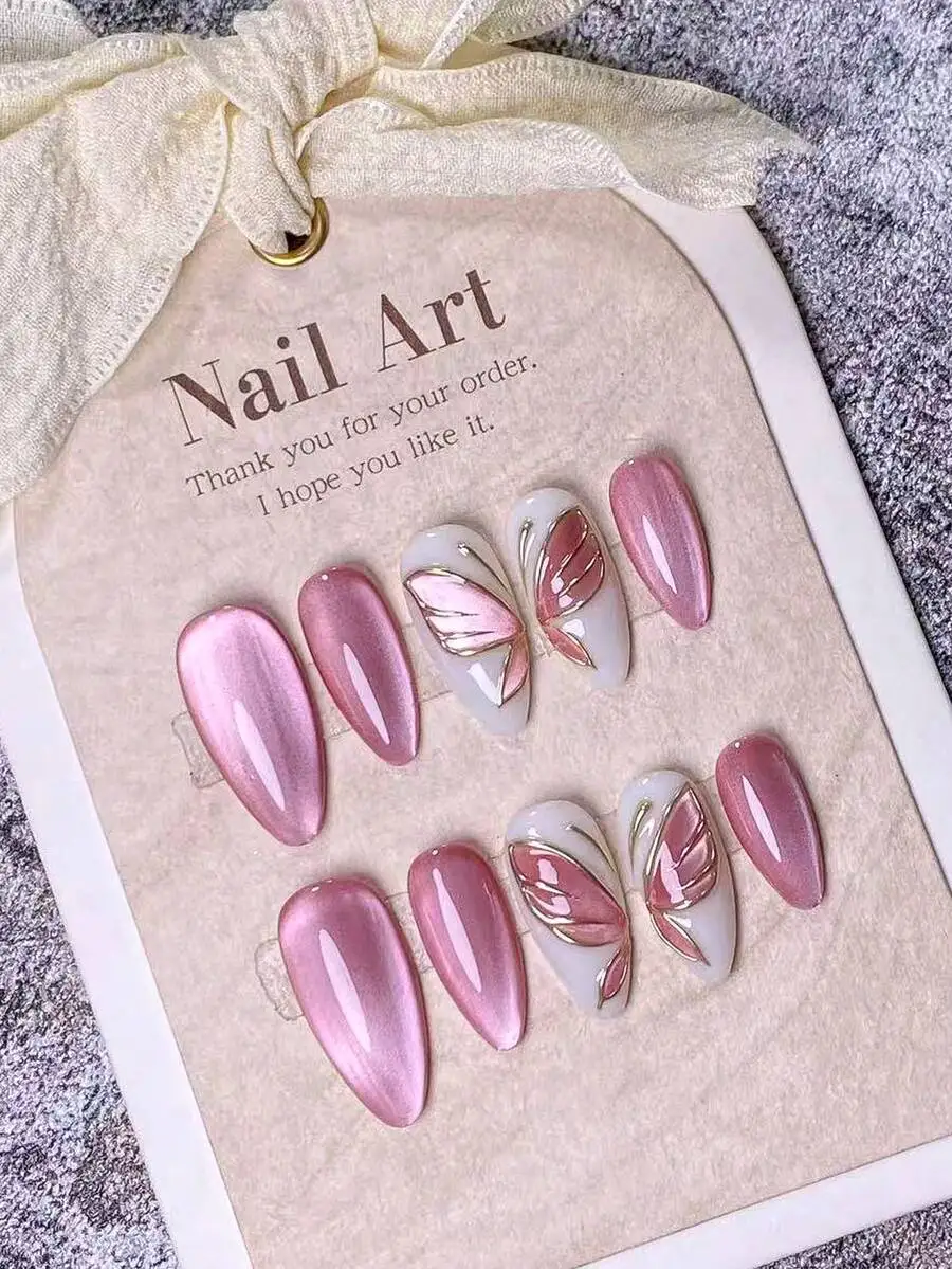 

10pcs Handmade Press-On Nail Stickers, Including Almond Shape, French, Pink, White, Gold And Other Styles, Decorated With Shiny