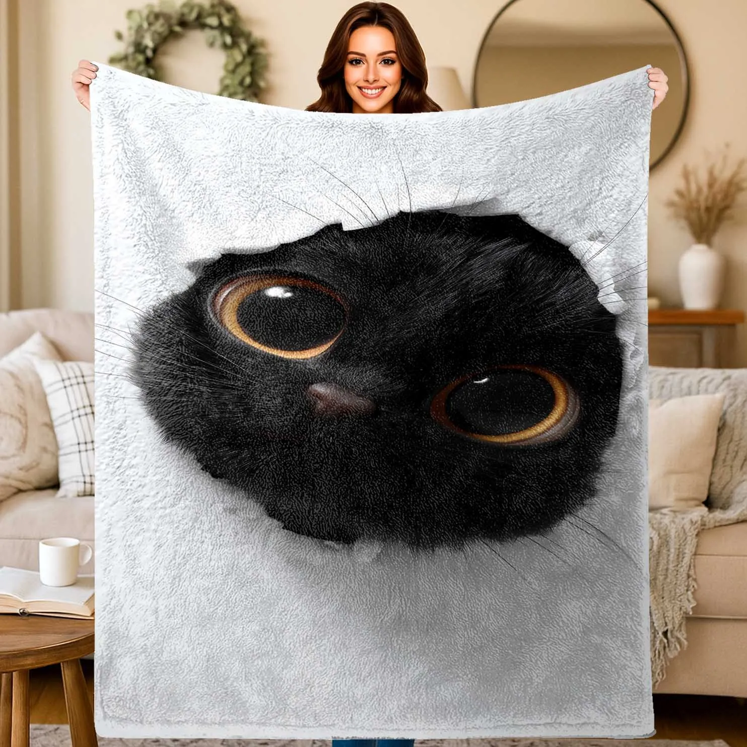 Black Cat Throw Blanket Realistic Close Up Face Print Minimalist For Couch Sofa Bedroom Aesthetic Decor