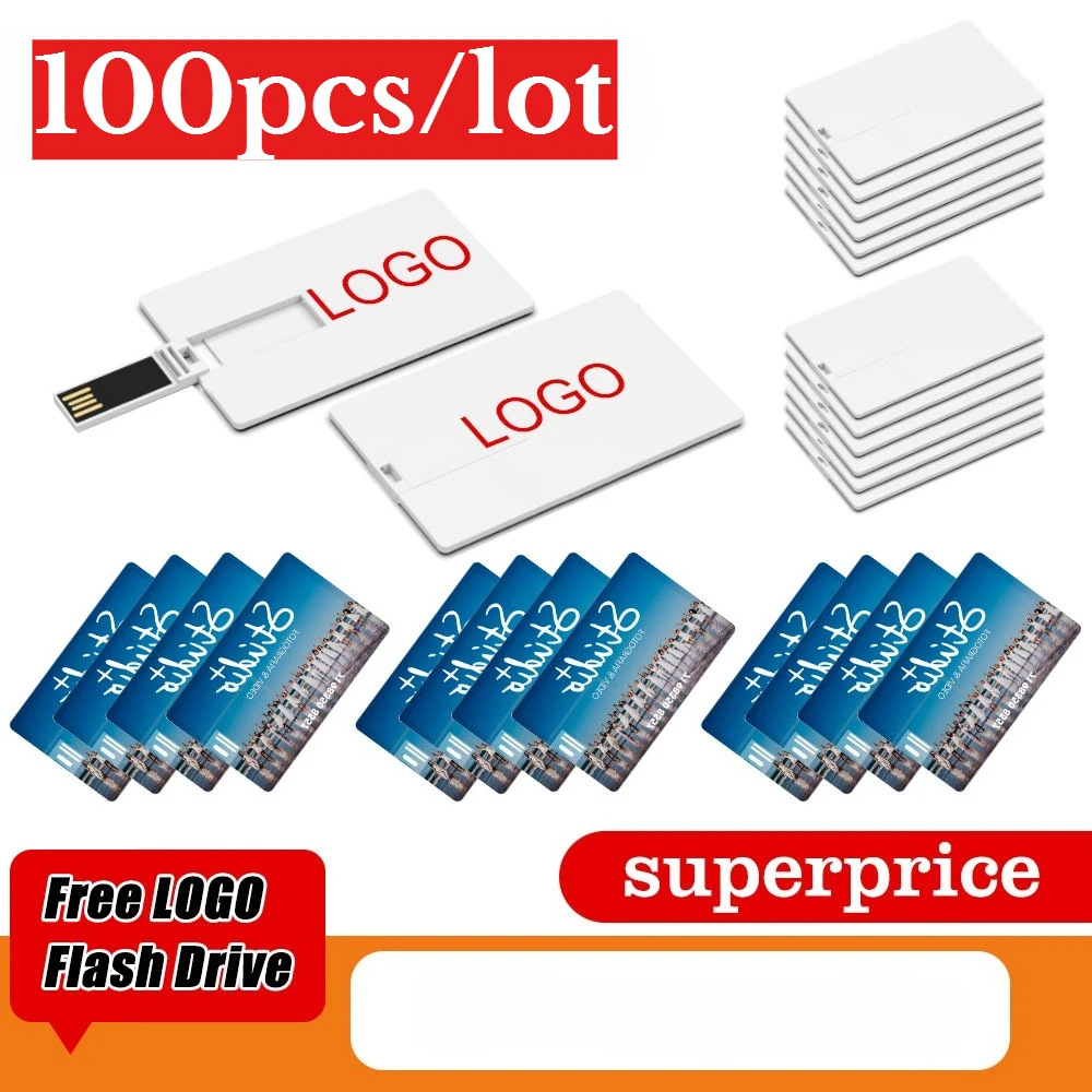 

100 шт./лот, водонепроницаемый супертонкий USB-флешка для кредитных карт, 4 ГБ, 8 ГБ, 32 ГБ, 64 ГБ, модель банковской карты, карта памяти, бесплатный логотип