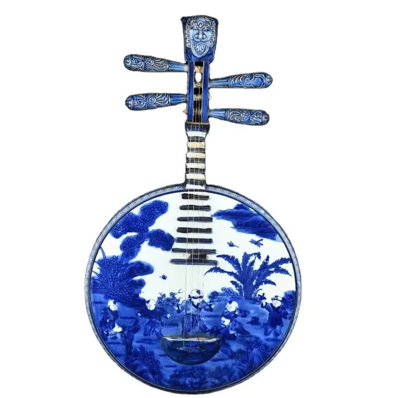 Vintage Blue and White Porcelain Musical Instrument Ornament Chinese Ceramic Antique Style Home Decor Collectible Gift for