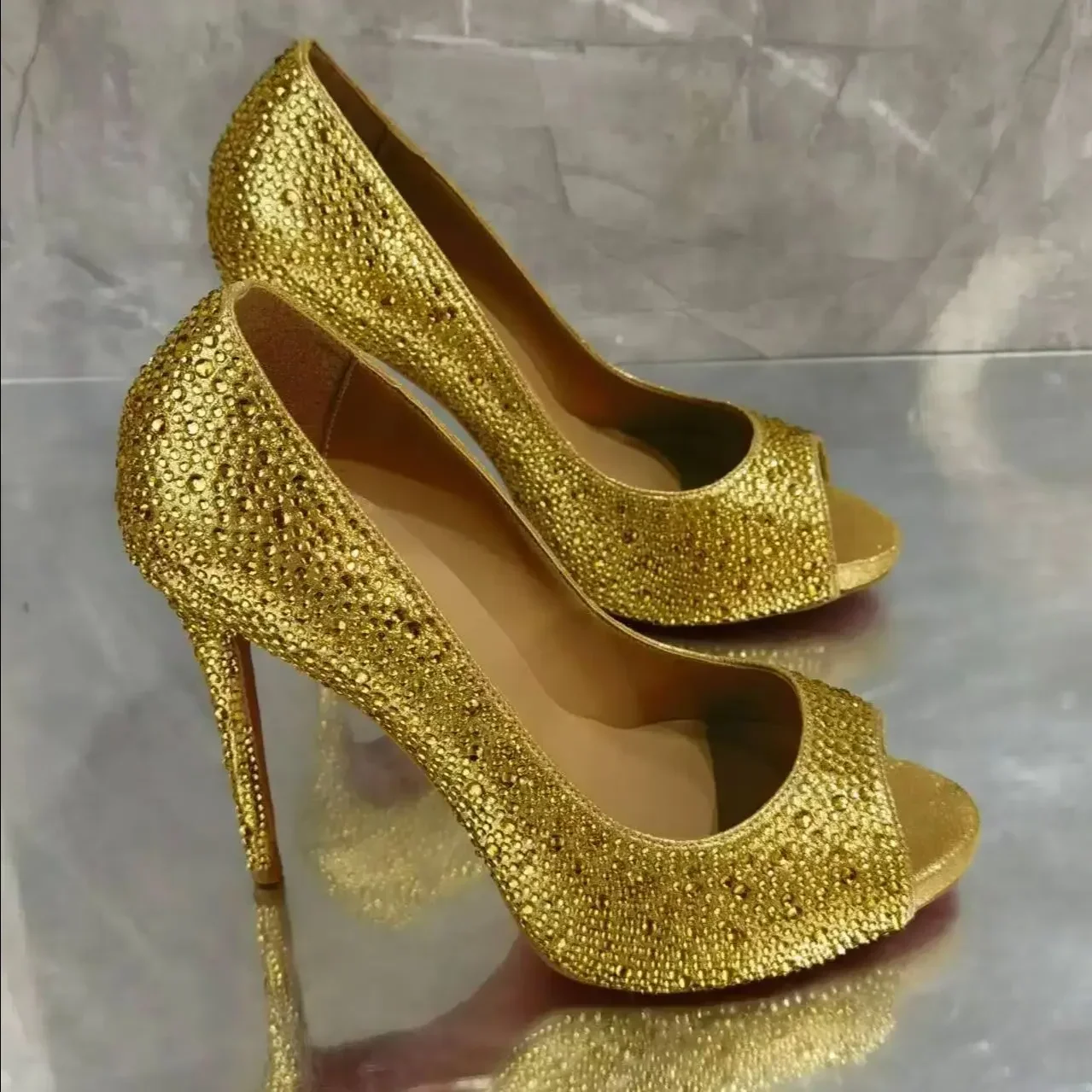 

Peep Toe Golden Rhinestones Red Sole Pumps Women Slip On Single Shoes Female Stiletto High Heels Party Wedding Dress Tacones New