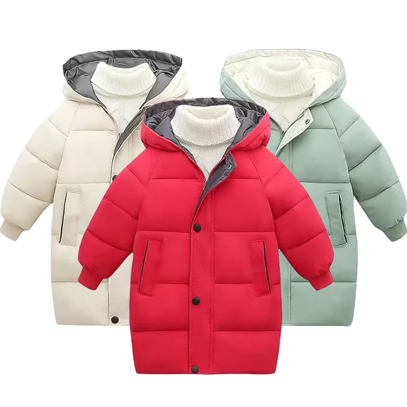 Winter children's hooded plush cotton jacket windbreaker coat New boys and girls medium length Plush waist cotton jacket