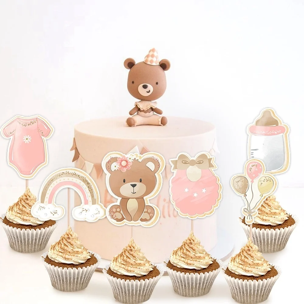 1set Cartoon Bear Series Cake Toppers Blue Pink Drinking Straws for Baby Shower Bear Birthday Party Decor DIY Gifts Wrapping