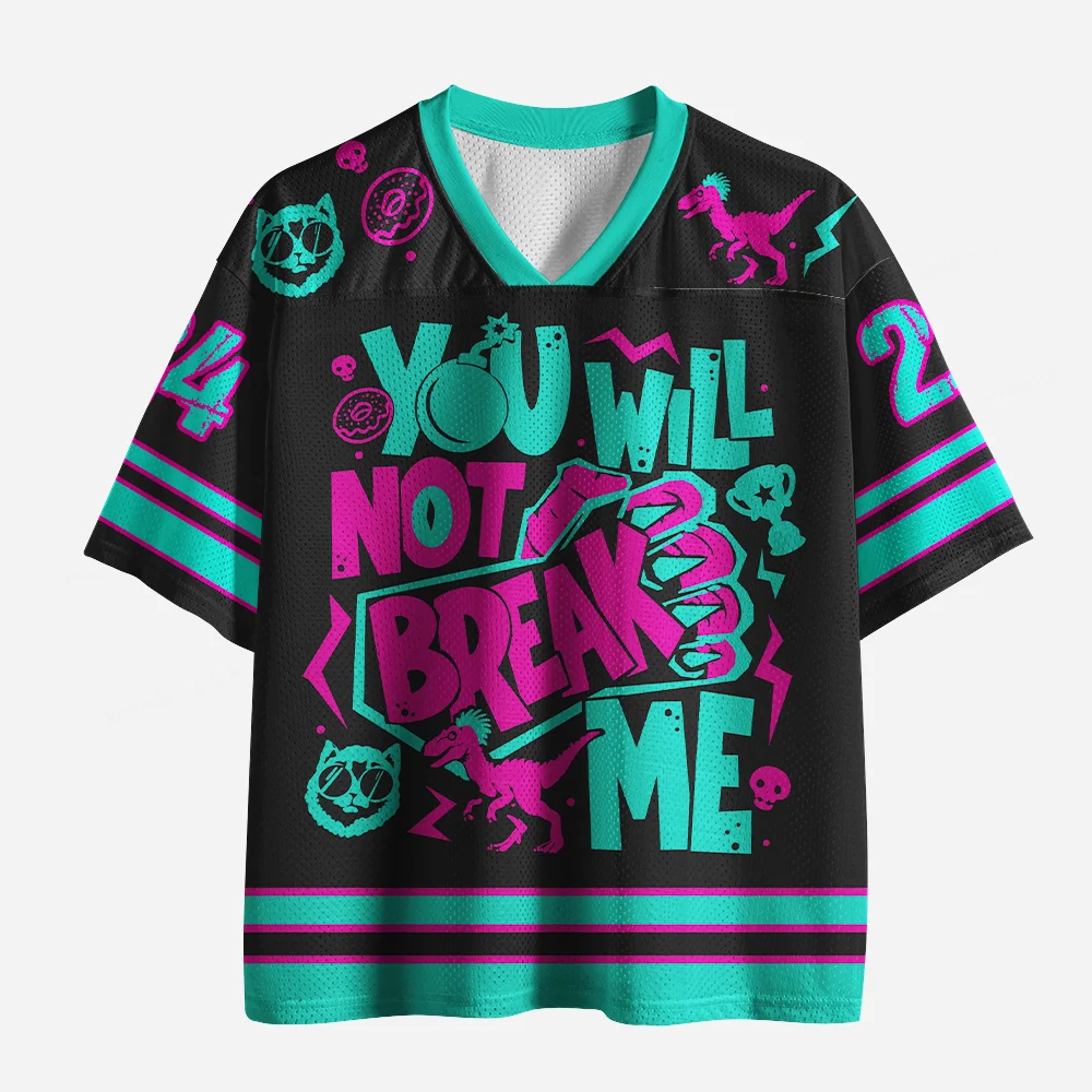 You Will Not Break Me Dinosaur Graffiti Mesh Jersey Tshirt, Black Cyan Pink V Neck Short Sleeve Sports Top