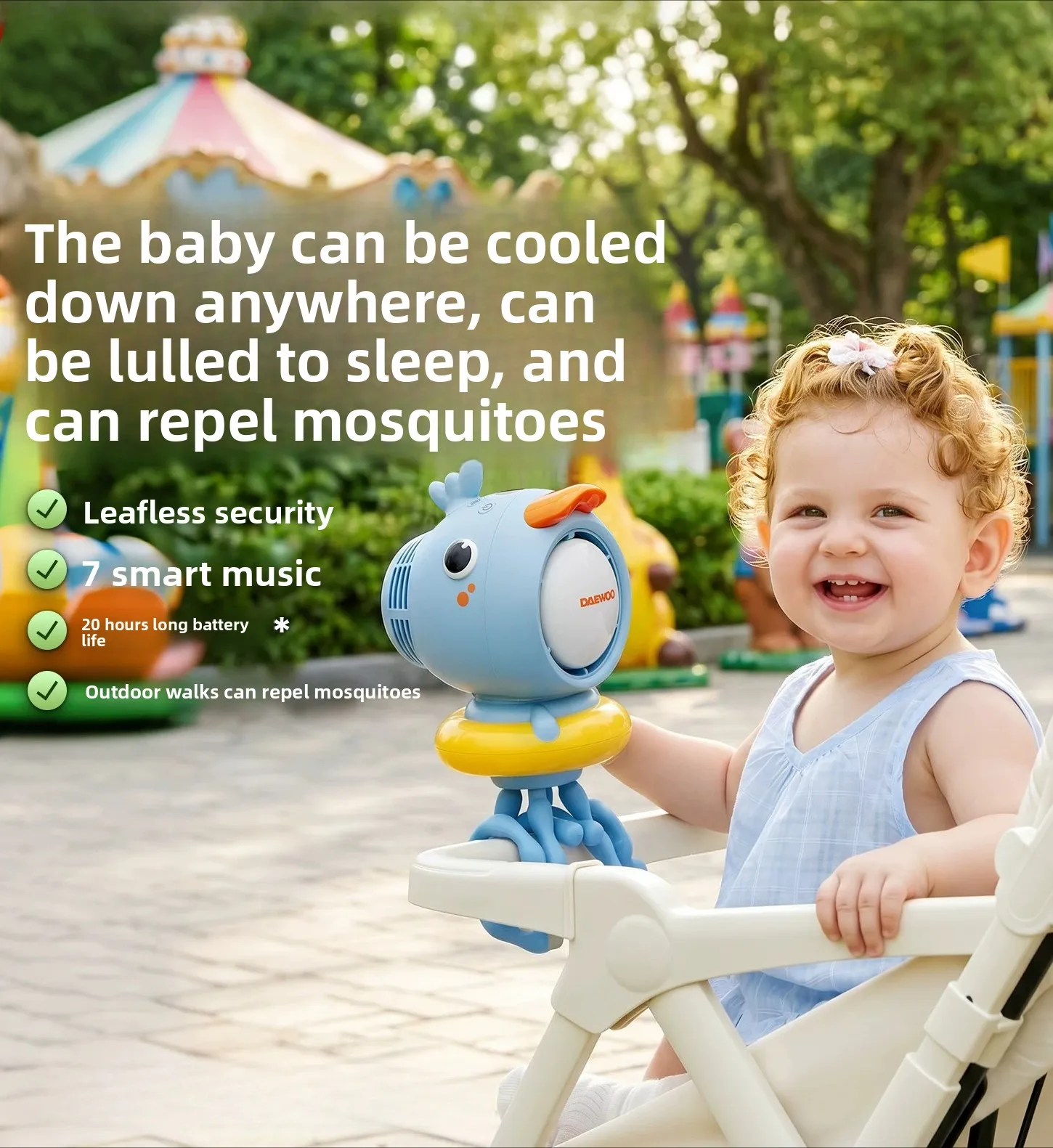 Food Grade Octopus Bladeless Stroller Fan 360° Rotatable With Music USB Rechargeable Long Lasting Portable Baby Fan for Outdoor