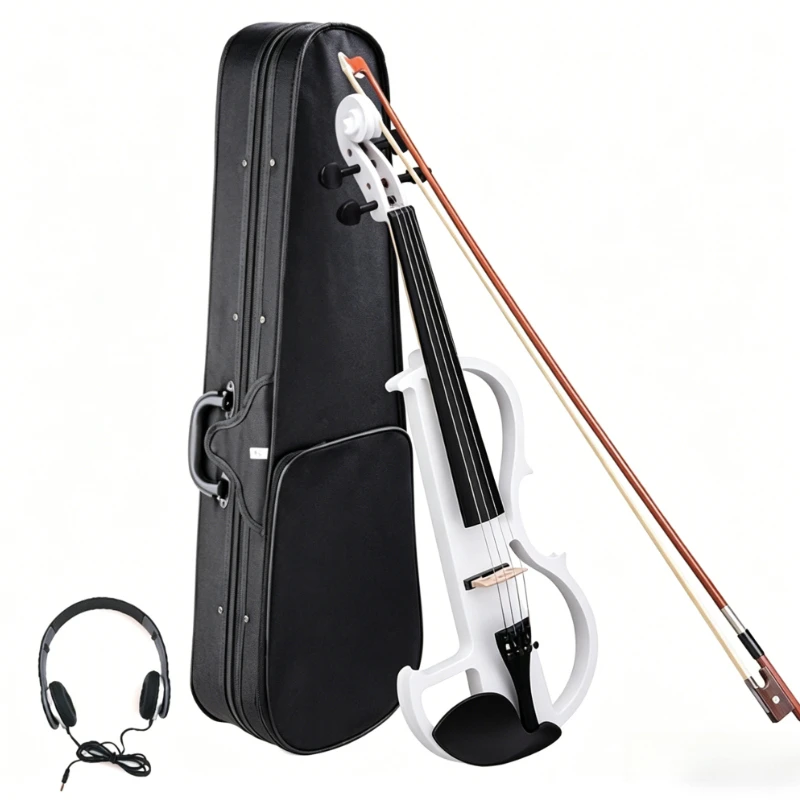 4/4 White Electric Violin Maple Body Silent Violin with Bow Case Headphone Cable  Rest Accessories (No Battery Included)