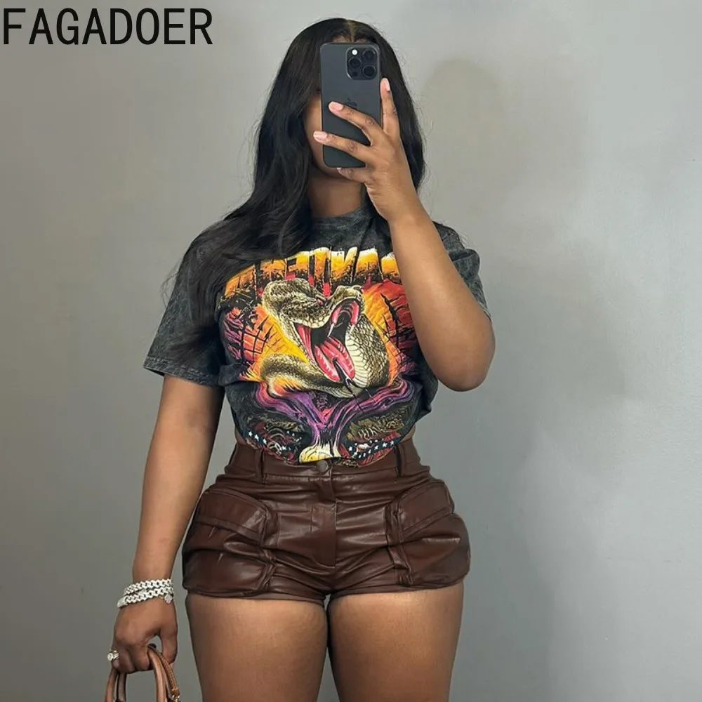 FAGADOER Fashion PU Leather Pocket Irregular Cargo Shorts Women High Waist Button Design Slim Shorts Female Solid Color Bottoms