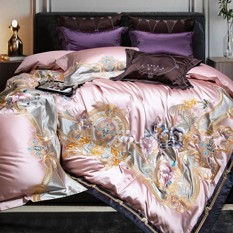 4/6/9Pcs Pink Purple Gorgeous Embroidery European Palace Bedding Set Brocade Egyptian Cotton Duvet Cover Bed Sheet Pillowcases