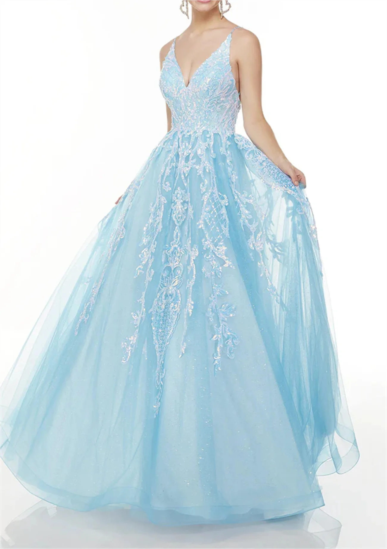 Lace Appliqué Puffy Skirt Prom Dress Suspender V-Neck Sexy Backless Simple Sky Blue Elegant Evening Summer Dresses 2023