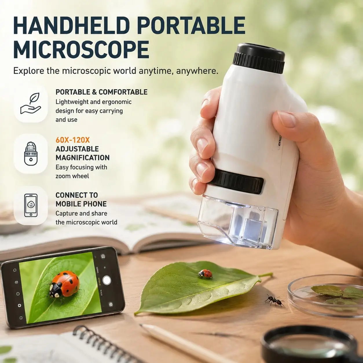 Mini Pocket Microscope 60x 120x Portable LED Illuminated Handheld Microscope for Kids Science Experiments Students Education STEM Learning Toy Laboratory Zoom Magnifier Gift for Biology Exploration 1 Pack