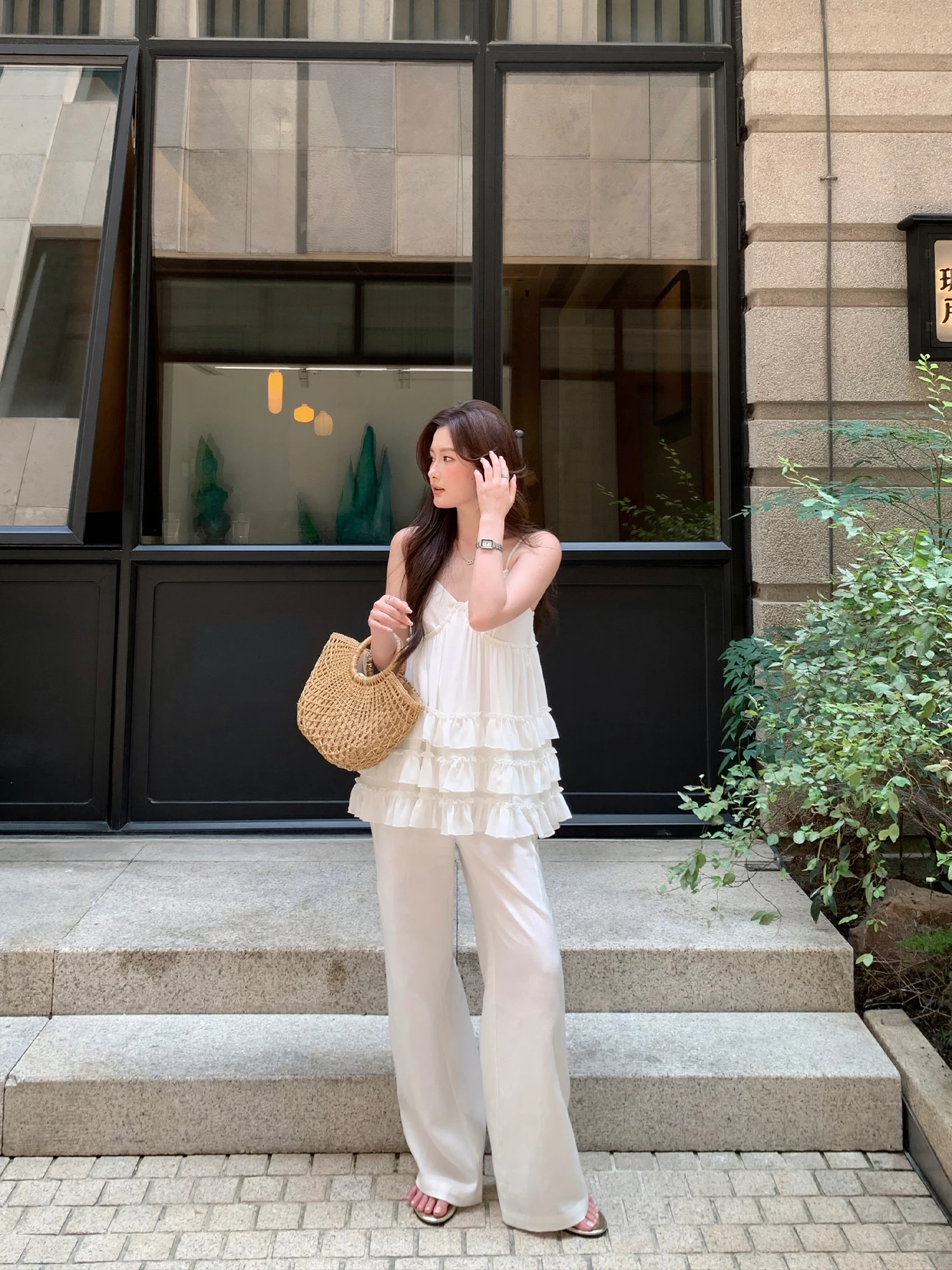Pusumede Intelligent Commuting High Waist Wide Leg Pants Women Loose Sensation Drawstring Straight Casual Trousers