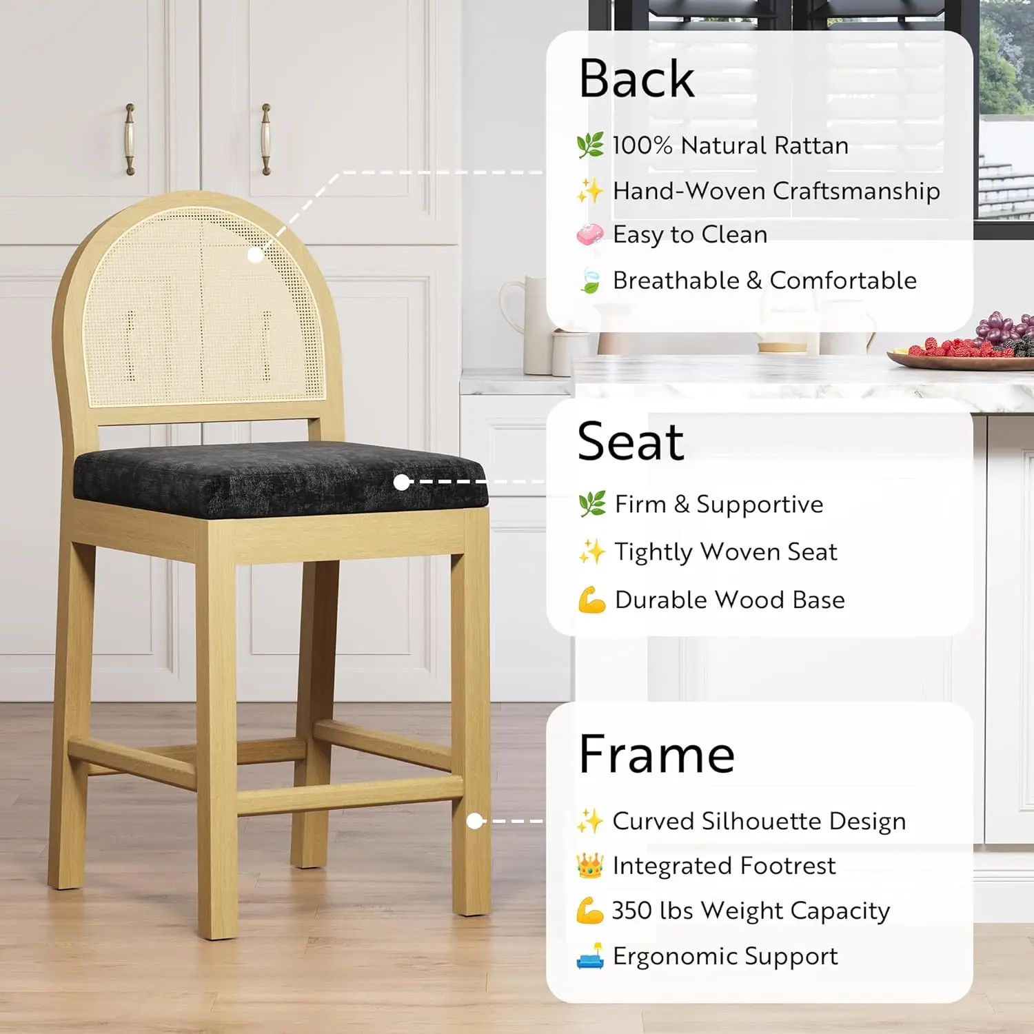 Bar Stools 2 Pcs Counter Height Wooden Woven Back & Chenille Seat Mid Century Kitchen Island Black, Customized