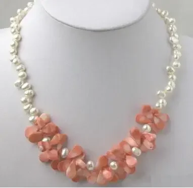 

Real Freshwater White Pearl Pink Coral Pendant White Clasp Necklace