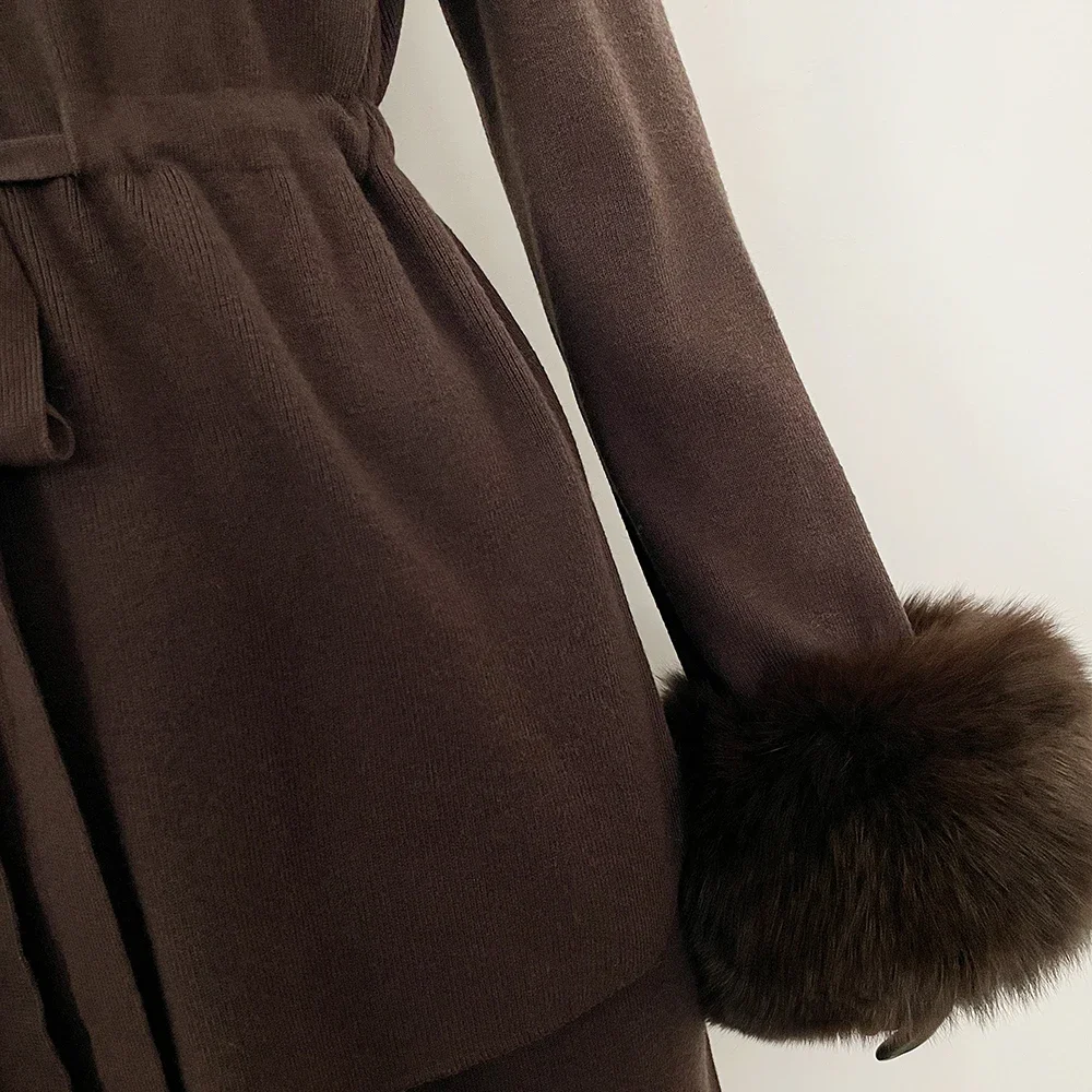 OFTBUY Neuer Luxuriöser Eleganter Winter-Loungewear-Anzug für Damen 2-Teiliges Gestricktes Trainingsanzug-Set Echte Fuchspelz-Jacke mit Taillenzugband für Frauen – Detail 5