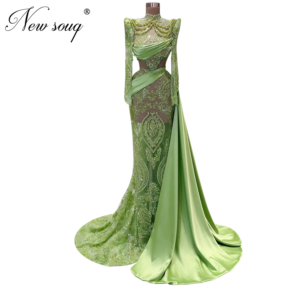 Elegant Green Long Beaded Evening Dresses Arabic Dubai Illusion Formal Prom Dresses Custom Made Mermaid Long Train Party Dress