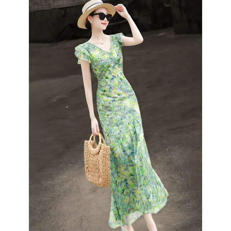 

MEXCOCO 2026 New Summer French Elegant V Neck Cap Ruffle Sleeve Slim Watercolor Floral Mermaid Maxi Dress