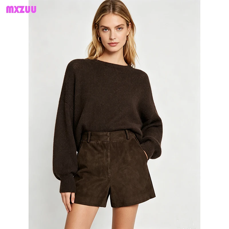 Leather Shorts Women Autumn Winter Simple Elastic Waist Pocket Slim Fashion Versatile Coffee Sheepskin Suede Casual Short Mujer