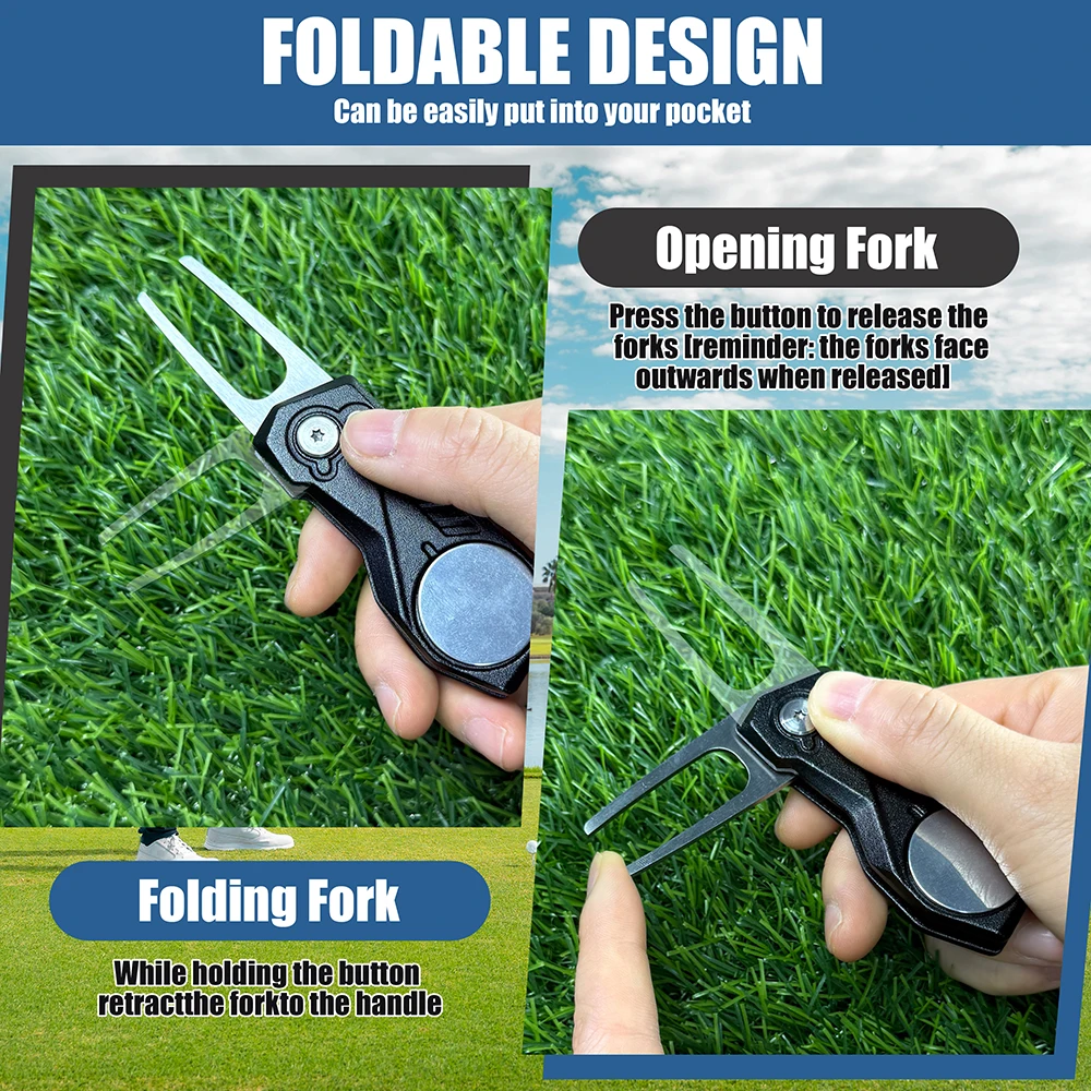 Professionelles Golf-Divot-Reparaturwerkzeug, faltbare Metall-Pitchgabel mit magnetischem Ballmarker, tragbares Putting-Green-Zubehör, Geschenk – Detail 2