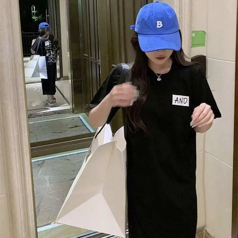 Jupe T-shirt ample mi-longue avec fente ort Sve, Design coréen Sle, vêtements d'extérieur d'été pour femmes, Faion décontracté Dr