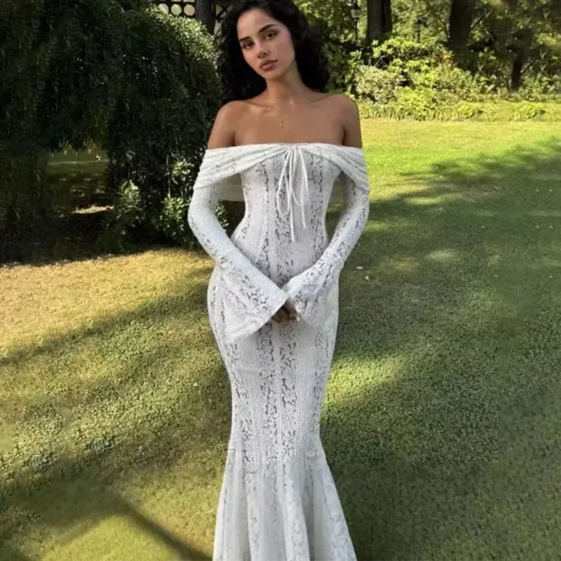 Trendix Elegant Evening Long Dress Women Sexy Off Shoulder Flare Sleeve Hollow Slim Dresses High Waist Bandage Female Gown Dress