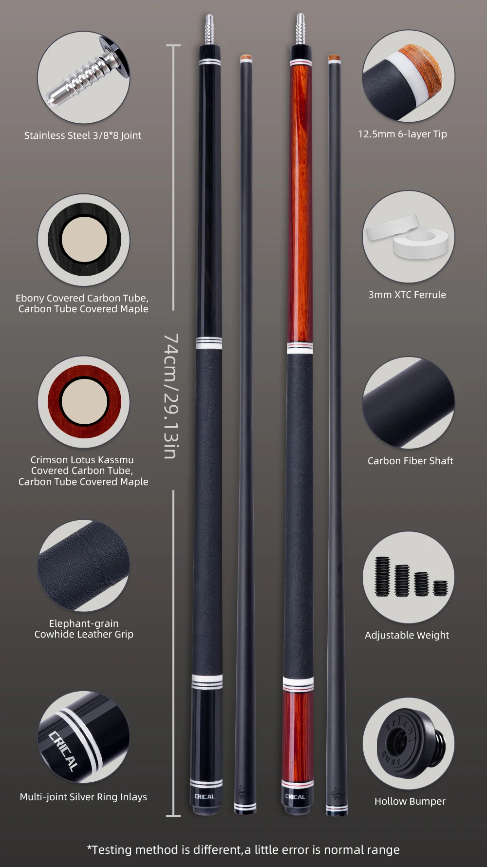 Carbonfaser-Billardqueue mit geringer Ablenkung, professioneller 12,5-mm-Spitzengröße, 3/8x8-Gelenk, Lederummantelung, 58 Zoll, 19-20 Unzen, Billard-CRICAL – Detail 3