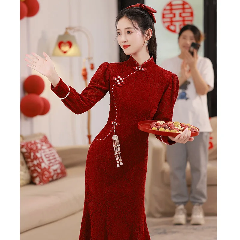 Gaun lengan panjang wanita, pakaian Panggang Cheongsam tradisional Burgundy pernikahan pertunangan China rok renda