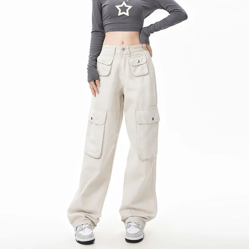 

Girls White Straight Leg Jeans Mul Pockets Cargo Trousers Lady Baggy Thin Designer Jeans Pants Female High Waisted Denim Pants