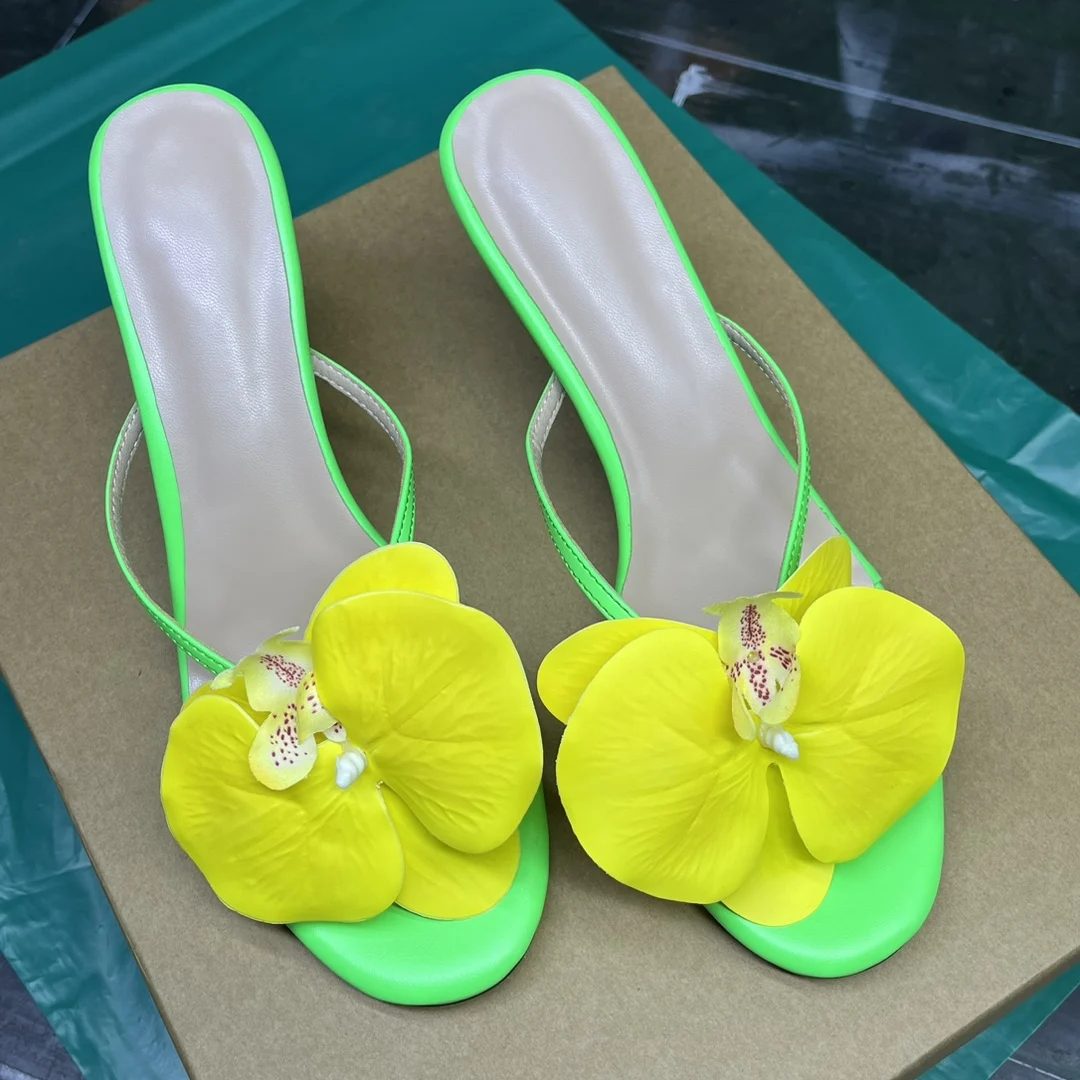 Neon Green Yellow Flowers Slip On Mules Thin Heeled Open Toe Petal Pumps Stiletto Heels Wedding Party Women High Heel Shoes