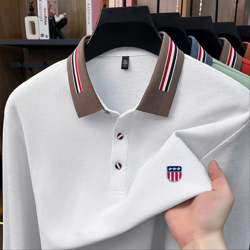 Hochwertiges Herren-Polohemd aus 100% Baumwolle mit Langen Ärmeln, Revers und Knöpfen, Exquisites Muster-Stickerei, Herbst-Neuheit, Vielseitige Freizeitkleidung für Männer – Detail 13