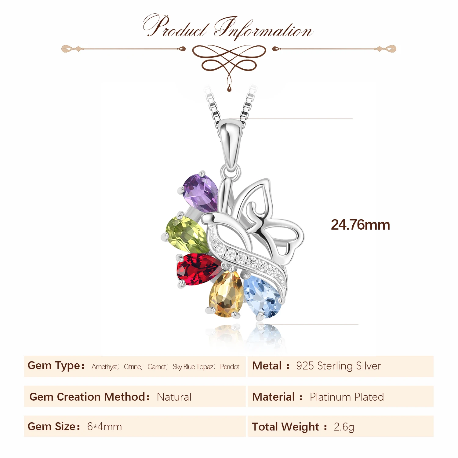 Potiy Natural Citrine Peridot Amethyst Garnet Sky Blue Topaz Stud Pendant Necklace No Chain 925 Sterling Silver Women Party