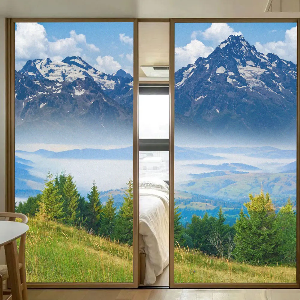 

Privacy Window Film Mountain Scenery Pattern Glass Door Decorative Film Frosted Anti UV No Glue Static Cling Windows Sticker